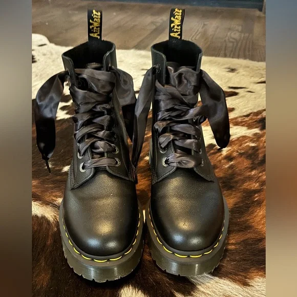 Dr. Martens Black Leather Boots with Satin Laces - Picture 1 of 5